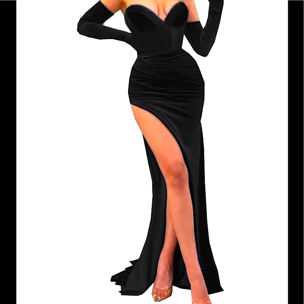 Super Sexy/Sophisticated Black mermaid high slit velvet gown with gloves